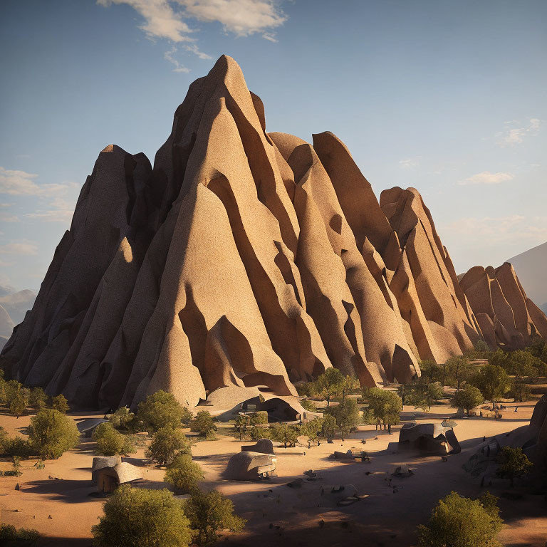 Desert rock formation overshadowing traditional huts and sparse vegetation