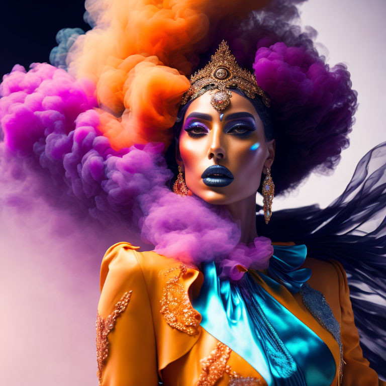 Colorful Smoke Surrounds Person in Dramatic Makeup and Regal Headpiece