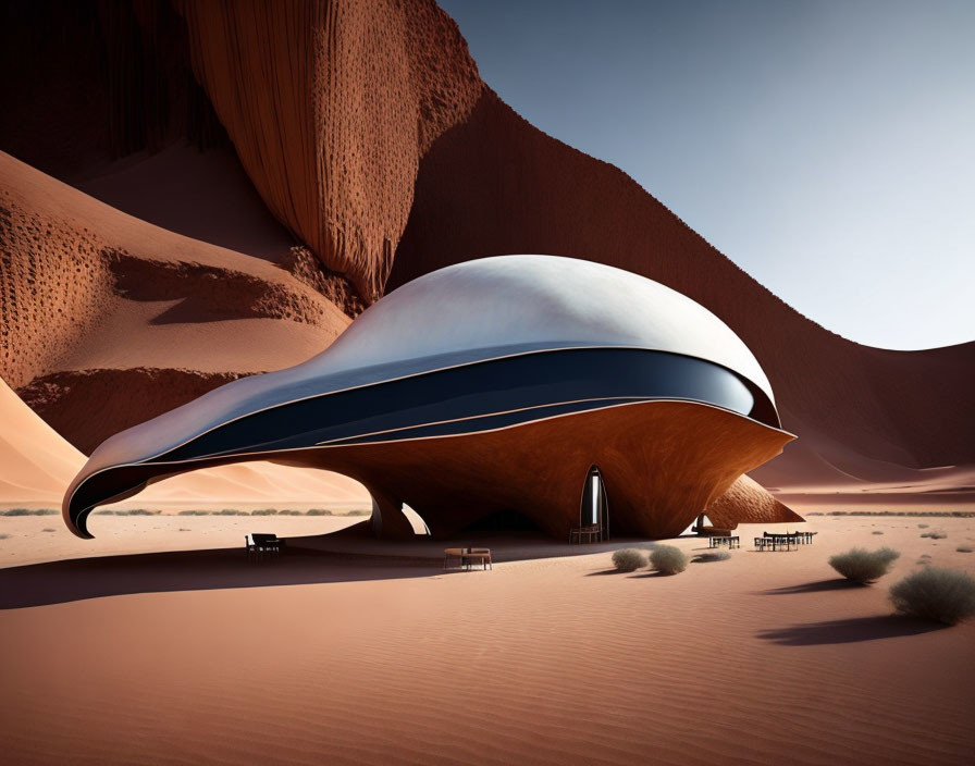 Futuristic curved building in desert landscape with sand dunes