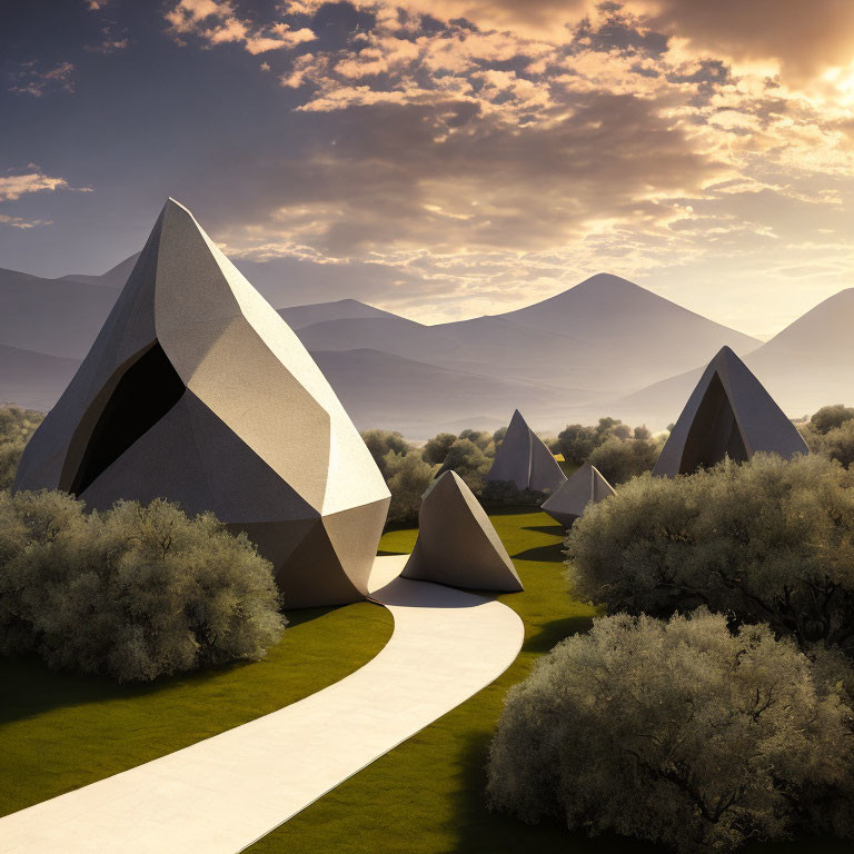 Geometric Structures in Tranquil Landscape with Rolling Hills