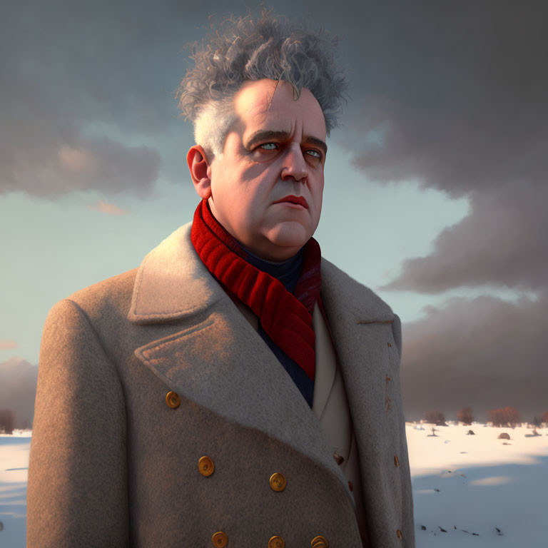 Gray-haired man in beige coat and red scarf in wintry landscape