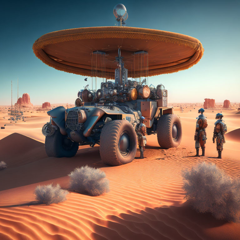 Futuristic desert scene with hovering craft and figures in protective gear