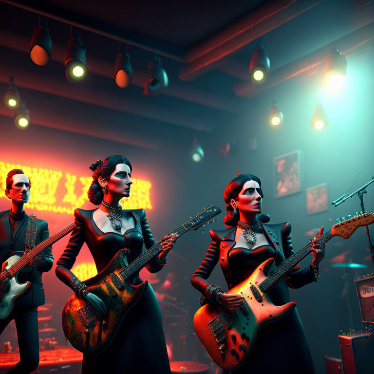 Stylized 3D image: Band onstage with intense lighting, two guitarists, and bass