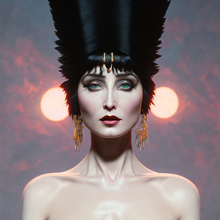 Woman with Dramatic Eye Makeup and Egyptian-Inspired Headdress in Front of Dusk Sky Or