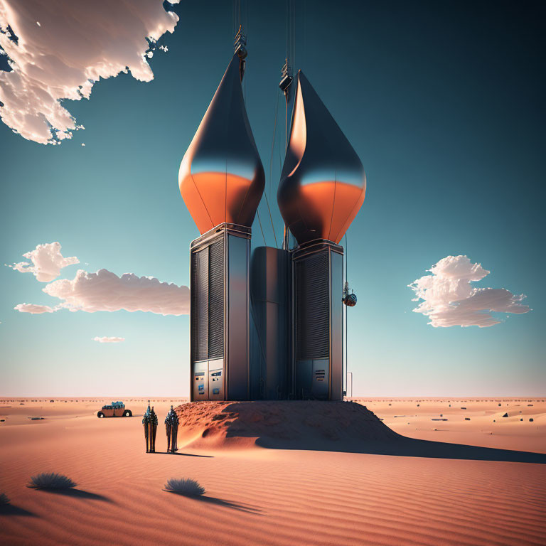 Futuristic towers and figures in desert landscape with vehicle