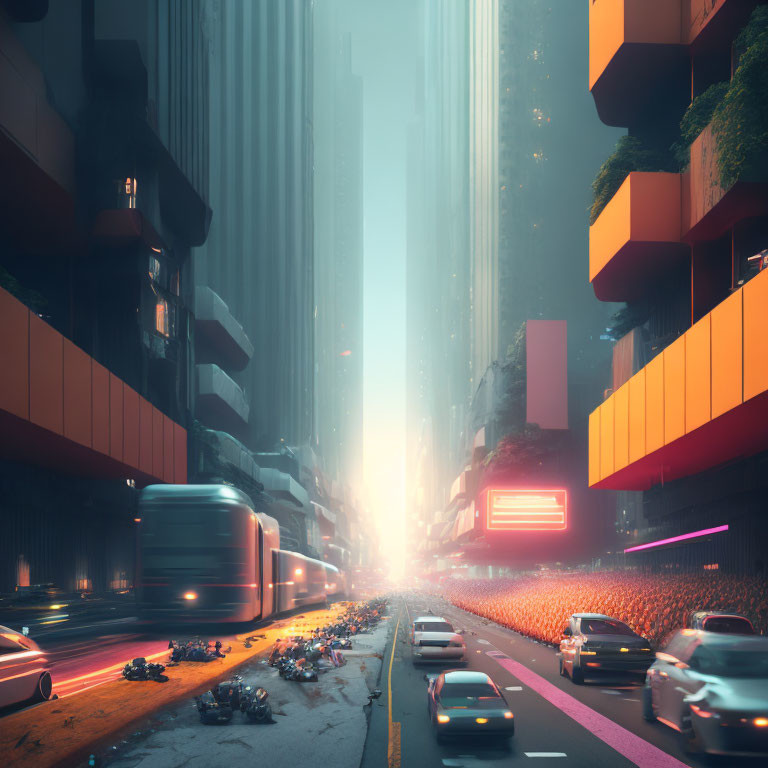 Futuristic city street with neon lights and towering buildings