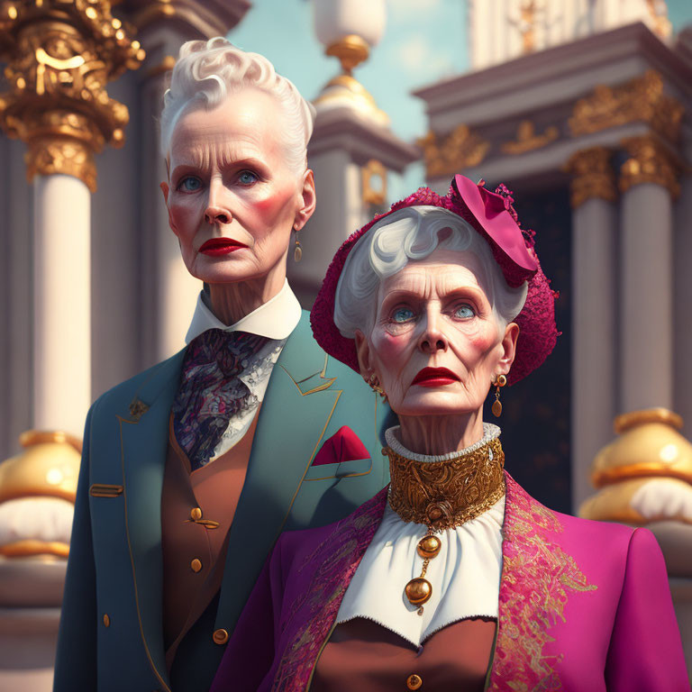 Elderly aristocratic characters in elaborate attire before ornate building