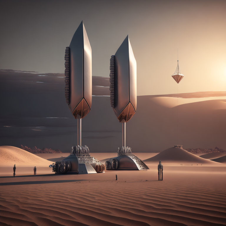 Futuristic rockets ready for launch in desert landscape at dusk