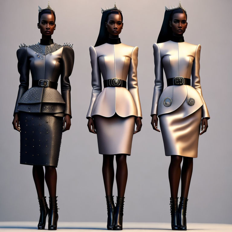 Three Female Models in Futuristic Metallic Dresses with Peplum Waist and Spiked Shoulders