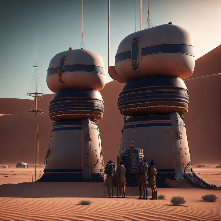 Futuristic desert scene with floating spherical structures and sand dunes