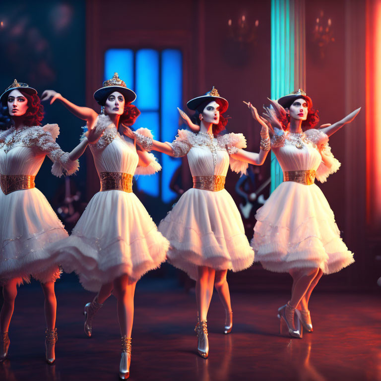 Elegant white and gold costume dancers on stage with blue lighting