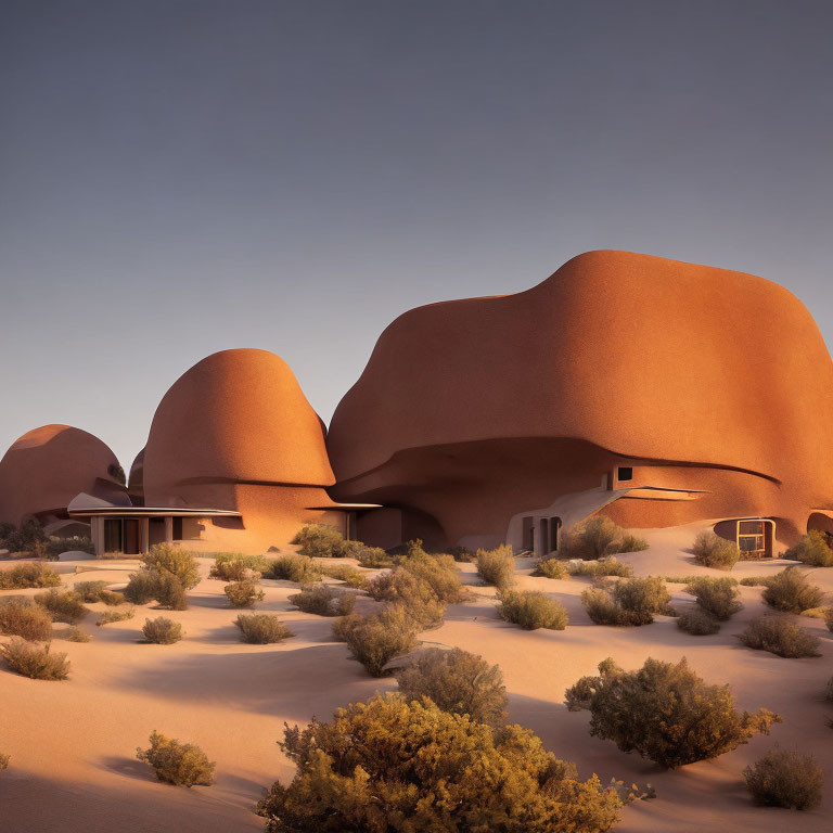 Terracotta-colored desert landscape with organic-shaped buildings.