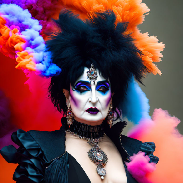 Person in Dramatic Makeup and Feathered Headdress in Vibrant Smoke Background