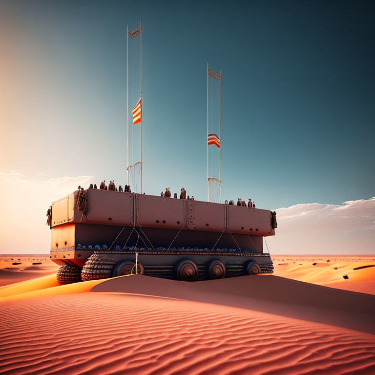 Tracked vehicle with passengers crossing desert landscape under clear sky