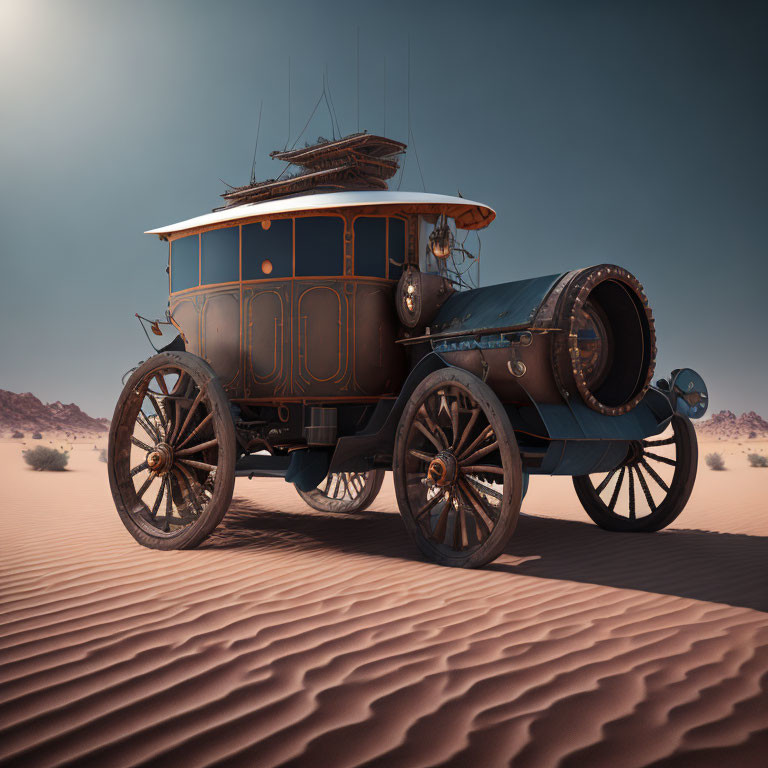 Vintage-style Vehicle with Large Wheels and Cannon-like Appendage in Sandy Desert Landscape