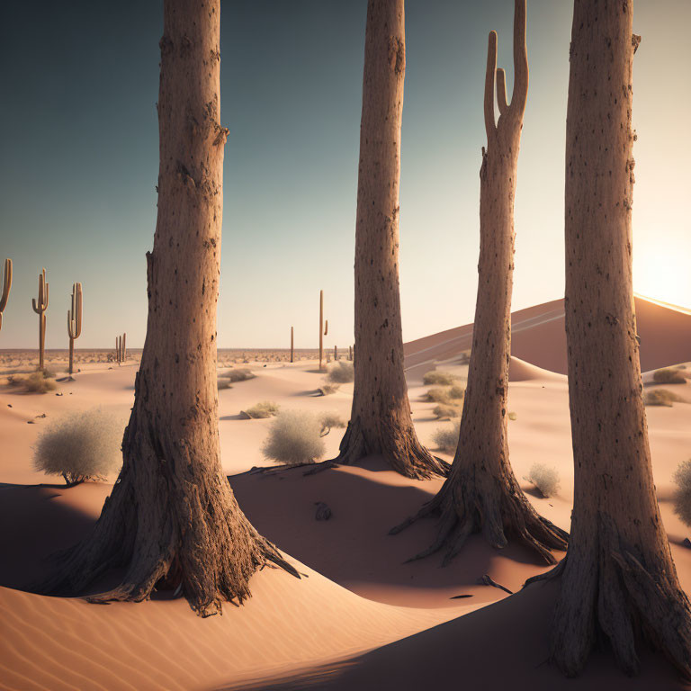 Desert landscape with three towering tree trunks