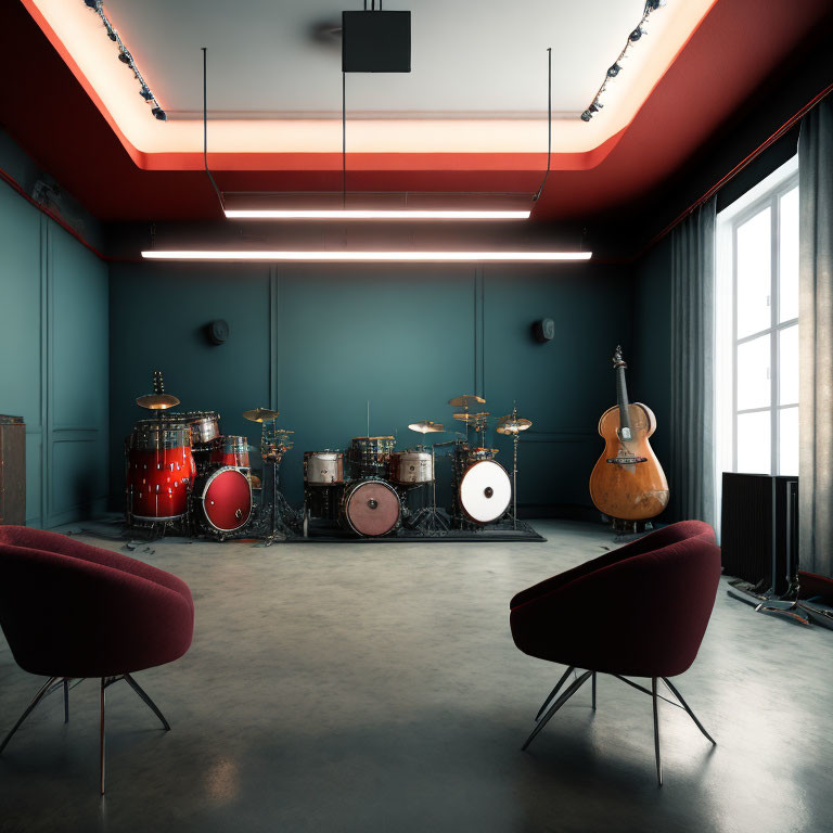 Contemporary music room with red and blue walls, drum sets, guitar, stylish furniture, ambient lighting