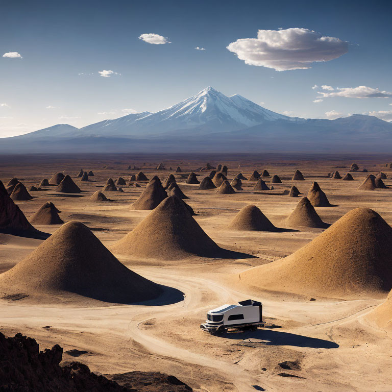 Camper Van in Desert Landscape with Cone-Shaped Formations and Snow-Capped Mountain