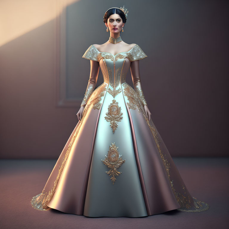 Sophisticated woman in luxurious gown with gold detailing and royal headpiece