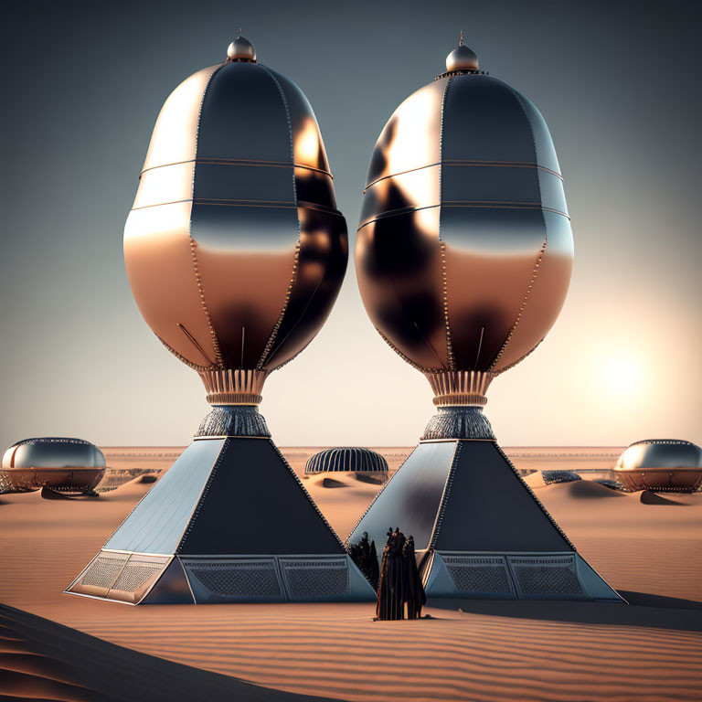 Futuristic egg-shaped structures in desert landscape with figures and hazy sun