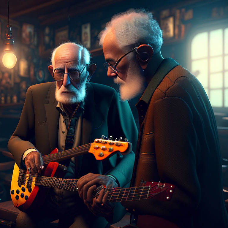 Elderly Animated Characters Playing Electric Guitars in Dimly Lit Vintage Room