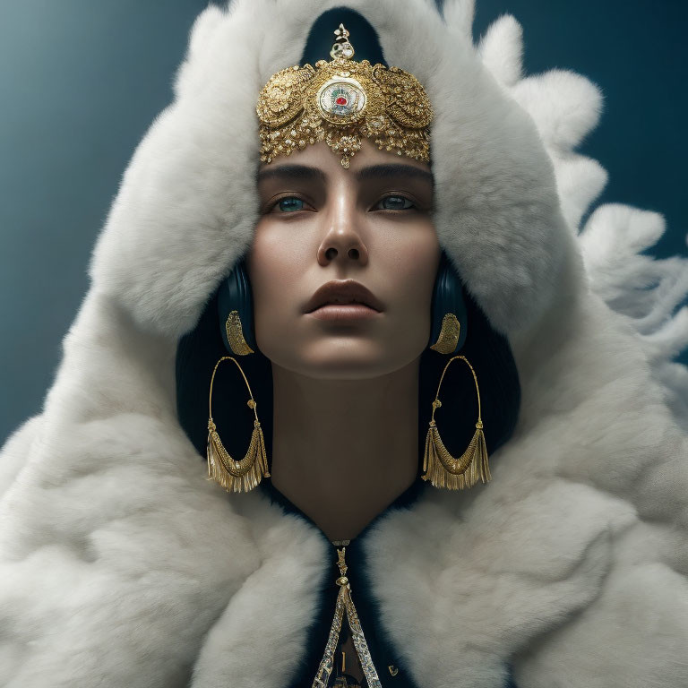 Regal woman in golden headpiece and fur garment