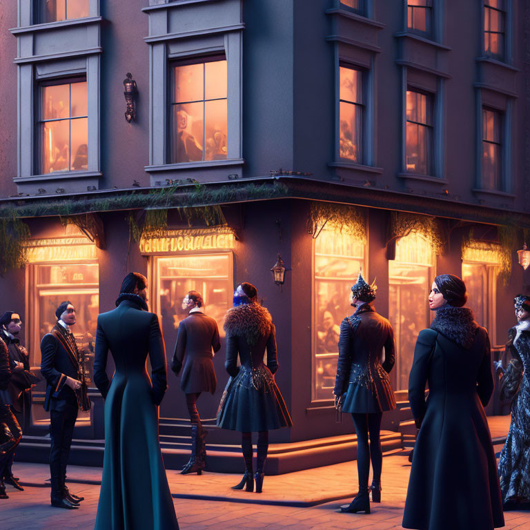 Victorian-style characters outside warmly lit gallery at dusk