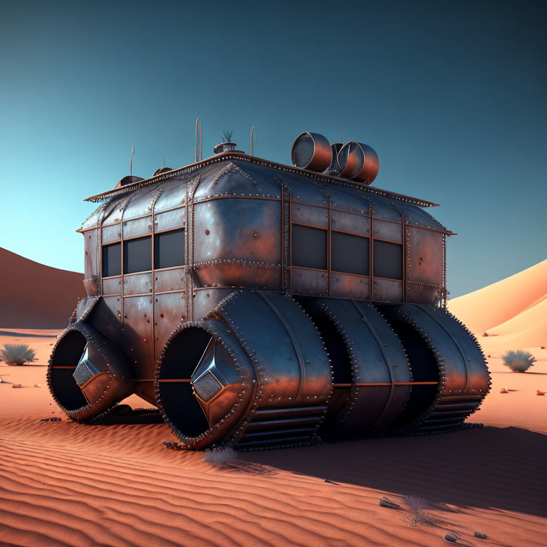 Futuristic steampunk-style mobile desert house on treads in sandy terrain