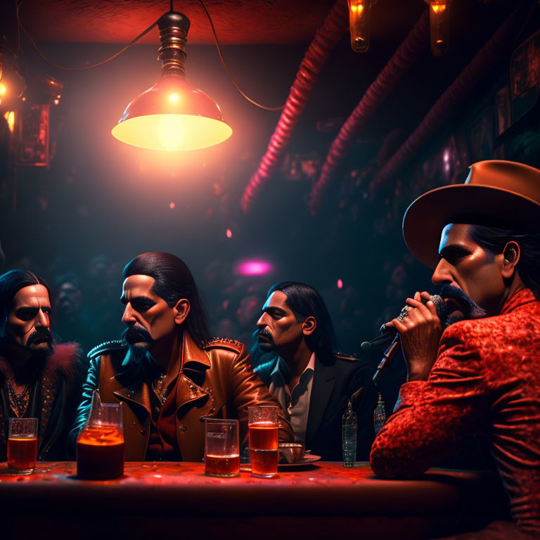 Four Men in Moody Bar Scene with Drinks and Amber Lighting