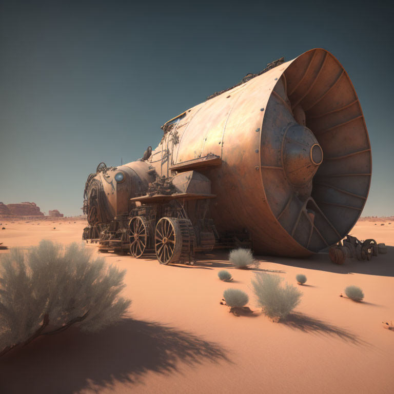 Rusted vintage locomotive in barren desert landscape