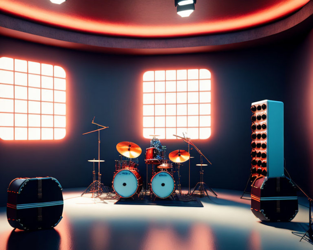 Vibrant red and blue music studio with drum set, guitars, and amplifiers