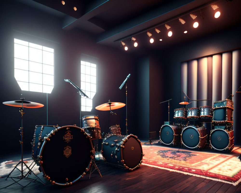 Drum kit with toms, cymbals & lights in room with wooden floors & Persian rugs