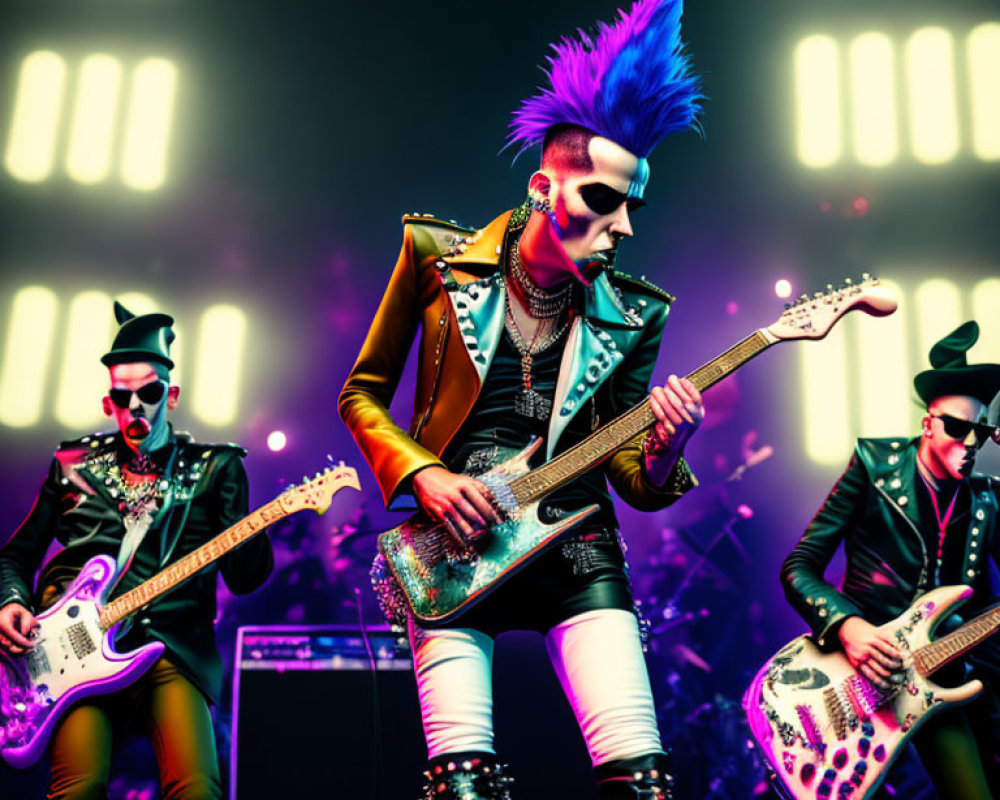 Colorful Mohawk Punk Rock Musicians in Leather Outfits Perform on Stage