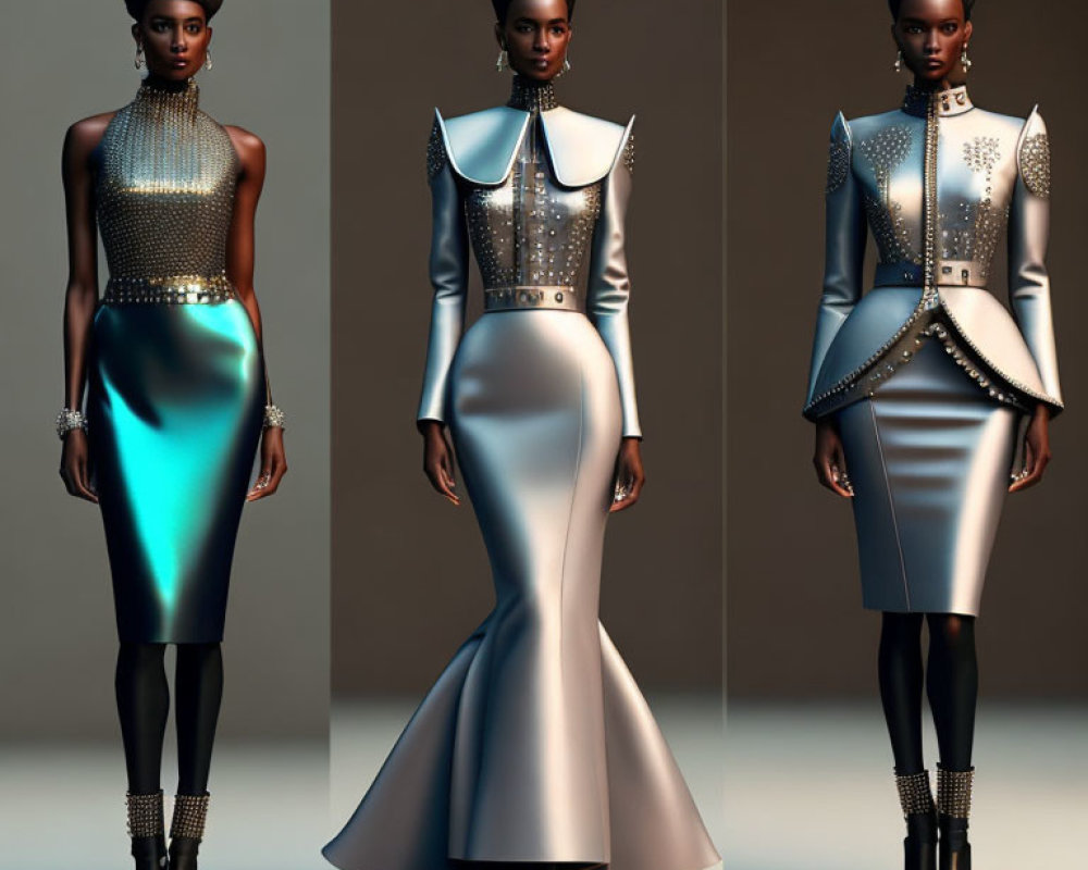 Futuristic metallic dress with high collar and studded details poses.