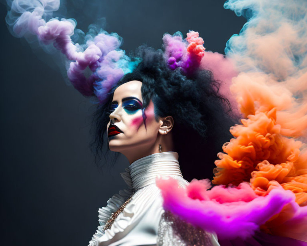 Colorful Smoke Plumes Surround Dramatic Makeup and Voluminous Hair