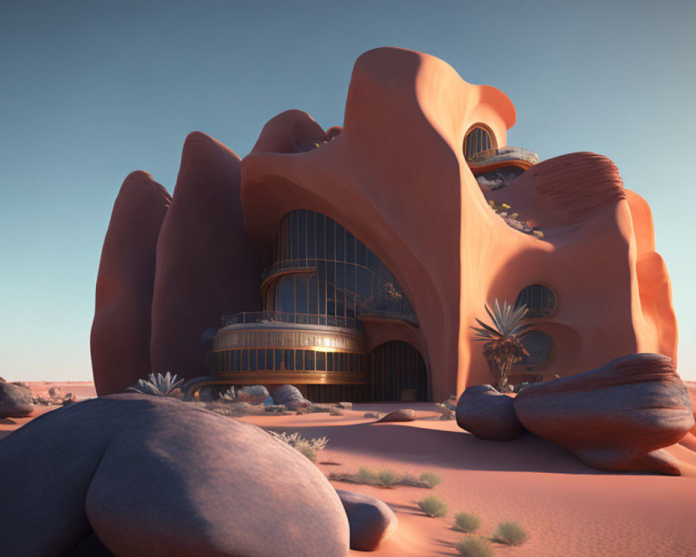 Surreal desert landscape with modern building in sandy dunes