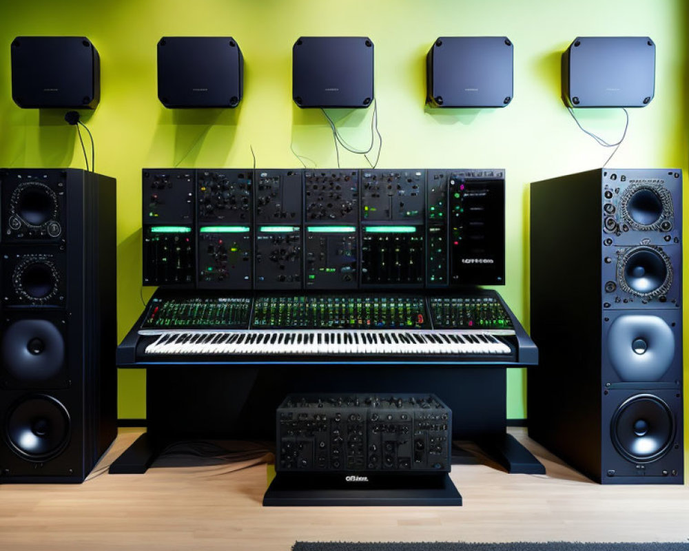 Keyboard, Audio Interface, Rack Equipment, Studio Monitors on Green-Yellow Wall