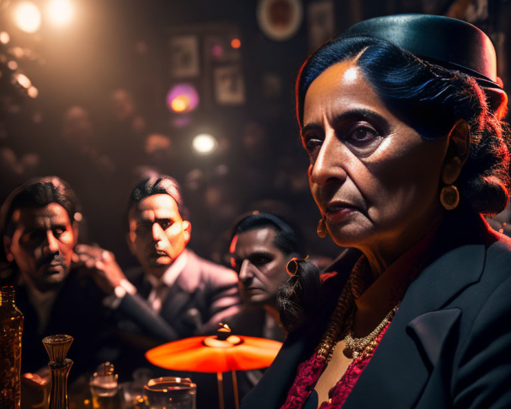 Stern woman in teal hat at dimly lit bar with three men watching