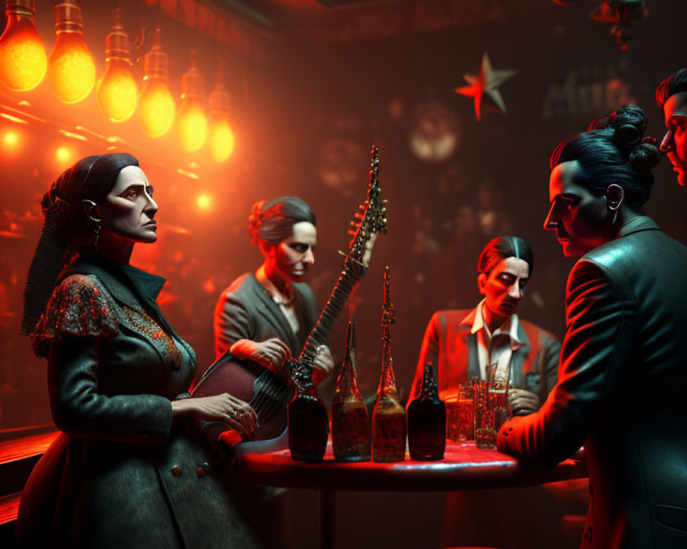 Dimly-lit bar scene with four stylized characters in moody setting