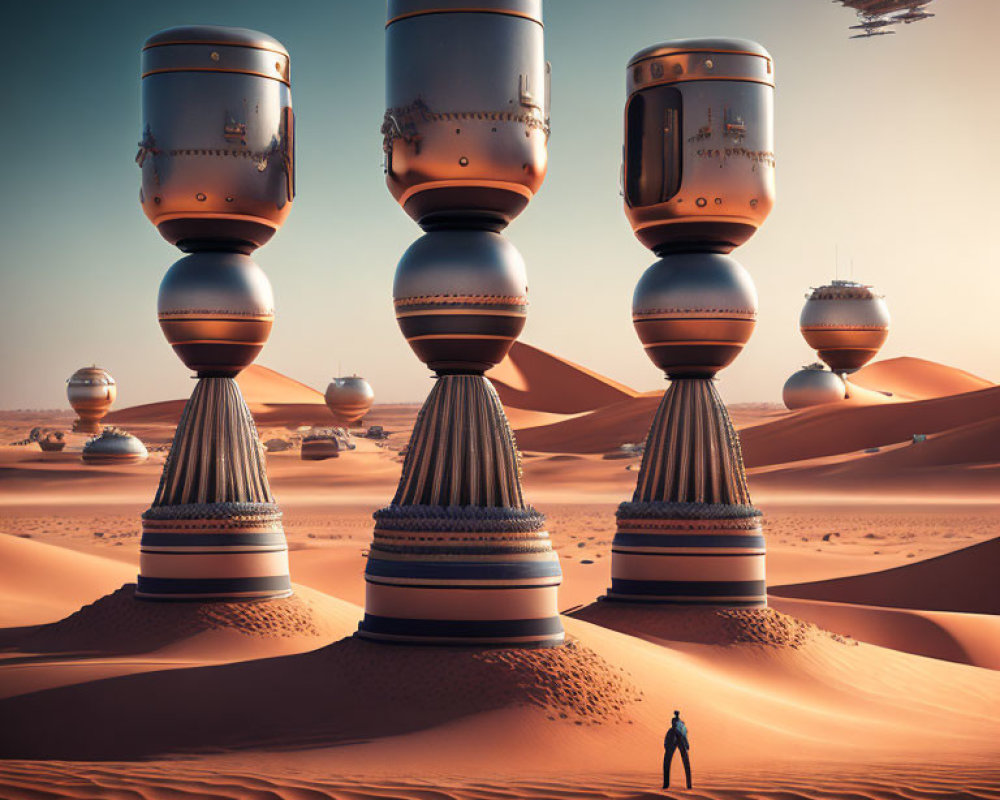 Futuristic desert landscape with towering structures and flying vehicle