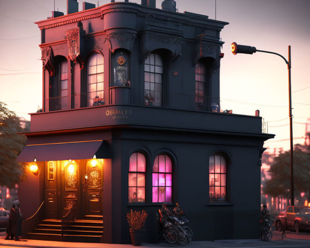 Ornate two-story corner building at dusk with pink glowing windows, motorcycle, and streetlight