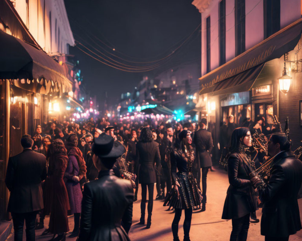 Vibrant night street with saxophonist and ambient lights