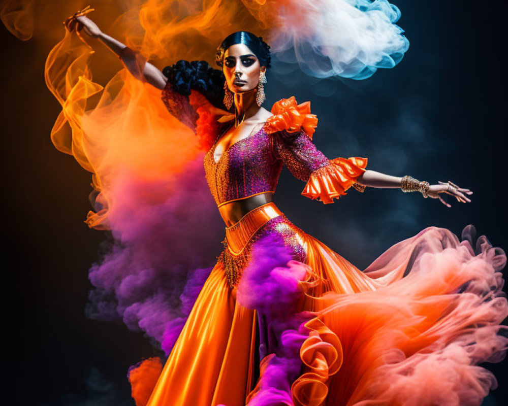 Colorful Woman in Orange and Purple Dress with Smoke Swirls