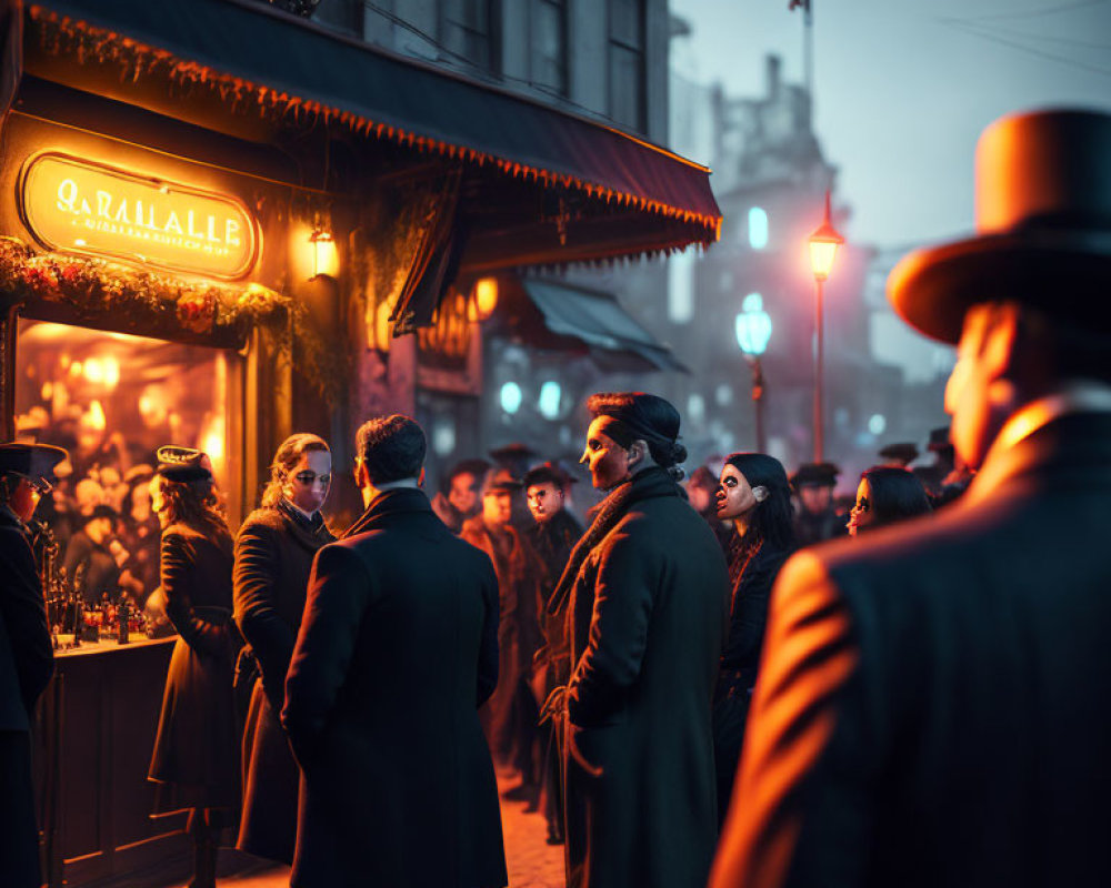 Busy Evening Street Scene with Man in Coat and Hat at Illuminated Café