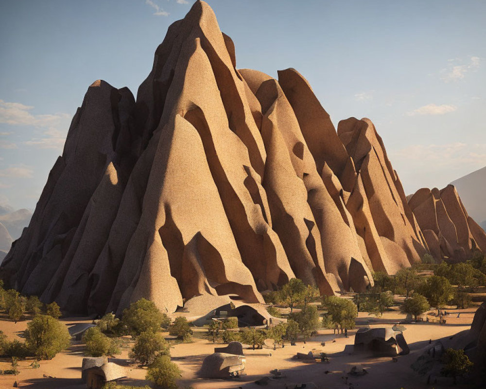 Desert rock formation overshadowing traditional huts and sparse vegetation