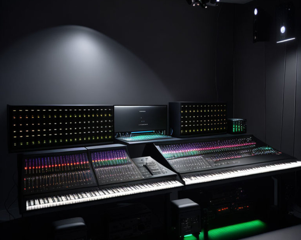 Contemporary Music Studio Setup with Backlit Synthesizers and Recording Equipment