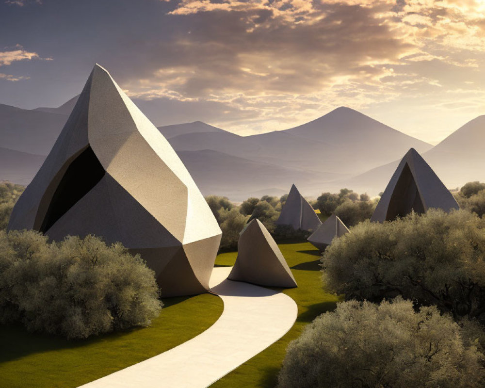 Geometric Structures in Tranquil Landscape with Rolling Hills