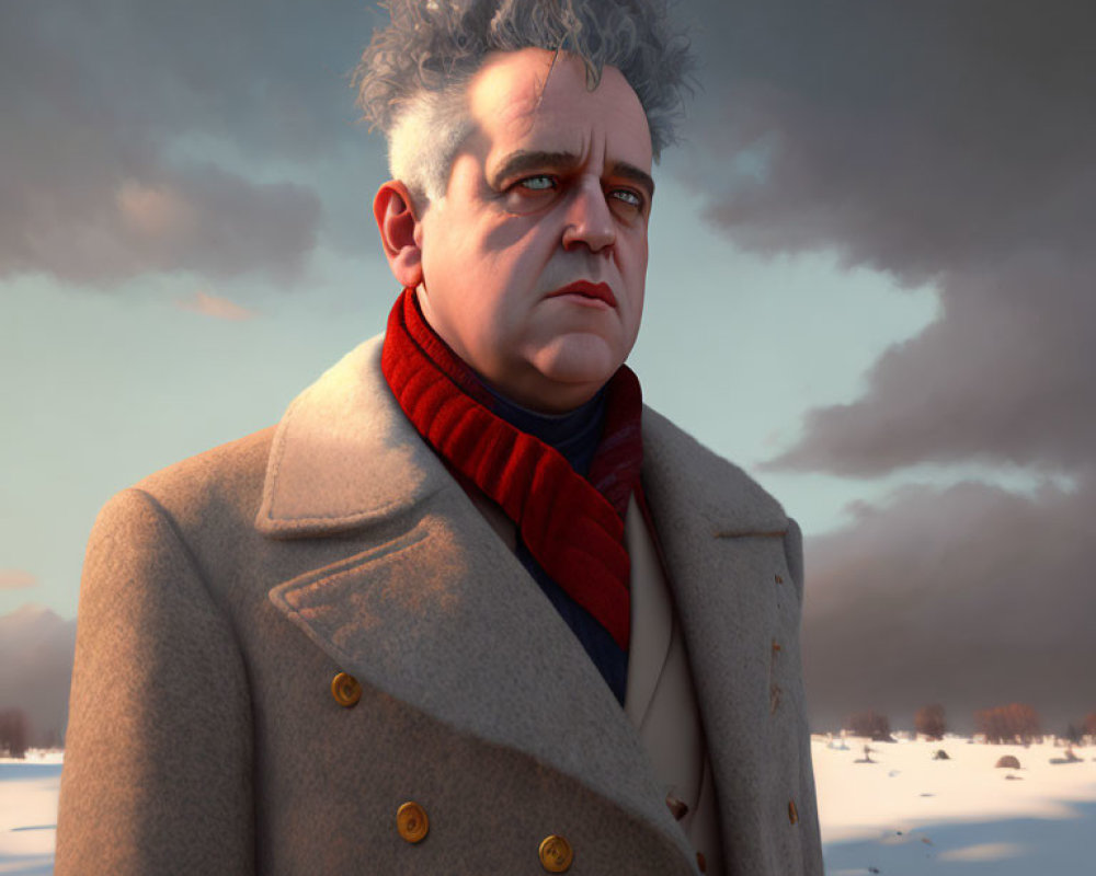 Gray-haired man in beige coat and red scarf in wintry landscape