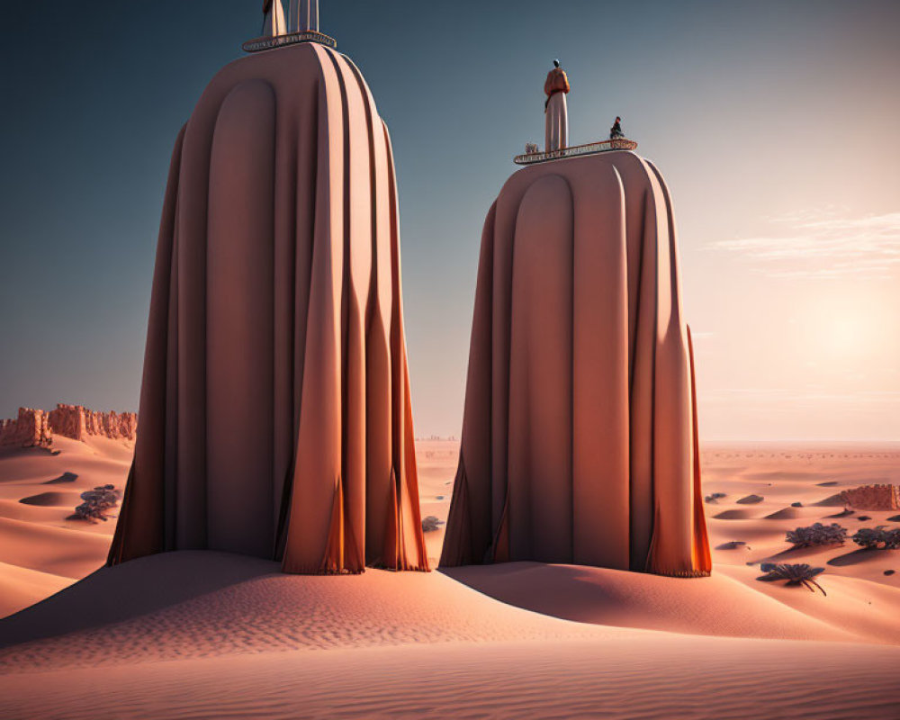 Surreal cloth-covered mountain forms with tiny human figures in a desert landscape