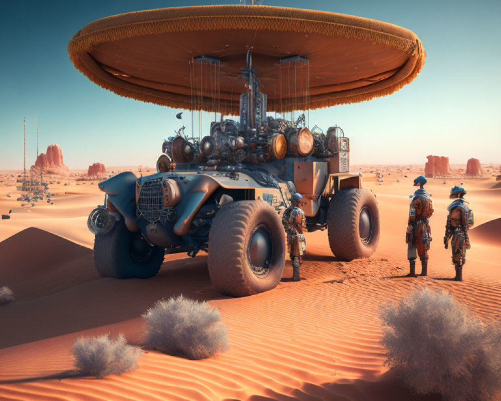 Futuristic desert scene with hovering craft and figures in protective gear